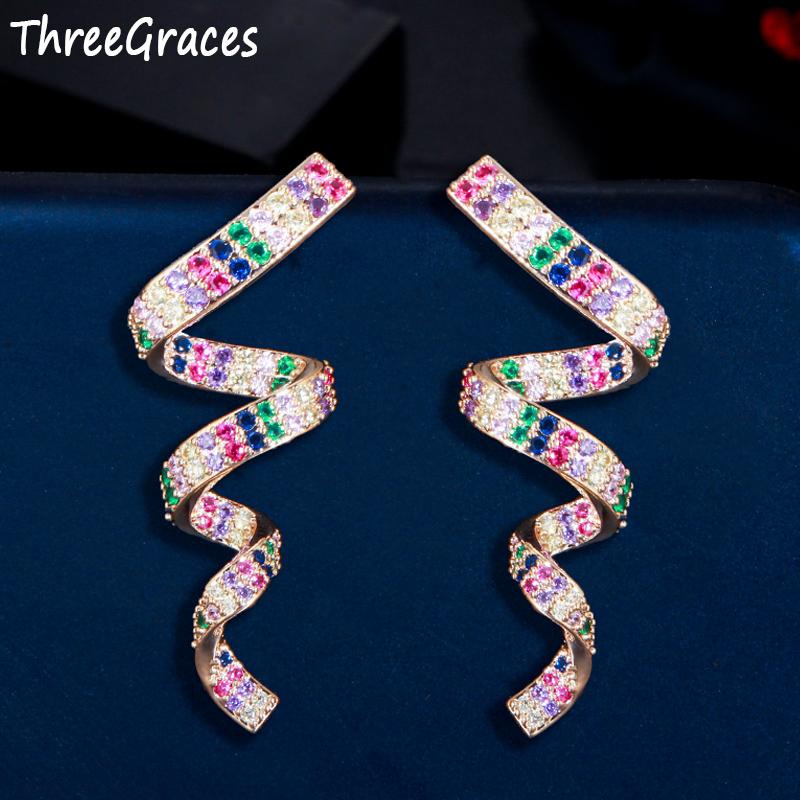 

Dangle & Chandelier ThreeGraces Beautiful Mirco Pave Colorful Cubic Zirconia Trendy Jewelry Yellow Gold Ribbons Long Earrings For Women ER49, Silver