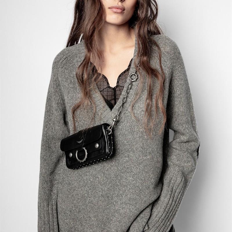 

Waist Bags Women Genuine Leather Rivet Decoration Mini Shoulder Black Metal Chain Wing Ladies Fashion 2021 Bag