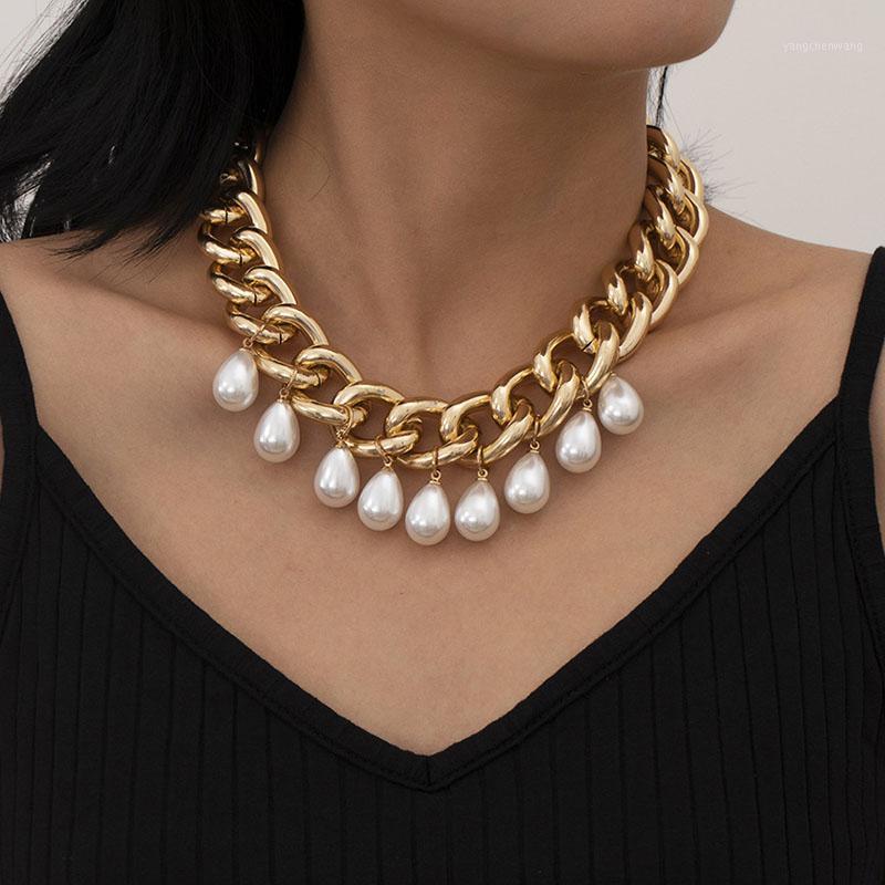 

Punk Exaggerated Imitation Pearl Charms Thick Chains Necklace Women Vintage Chunky Geometric Choker Pendants Jewelry