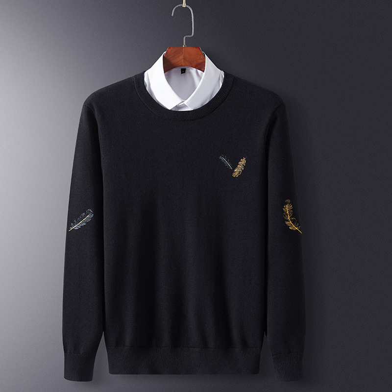 

sweater knit pusite men's t shirt autumn and winter feather embroidery young trend base coat, White;black