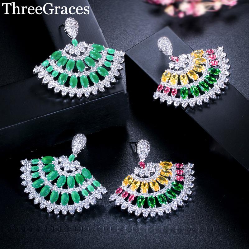 

Dangle & Chandelier ThreeGraces Women European Style CZ Jewelry Natural Green Multi Color Big Fan Zircon Ethnic Earrings For Party ER166, Silver