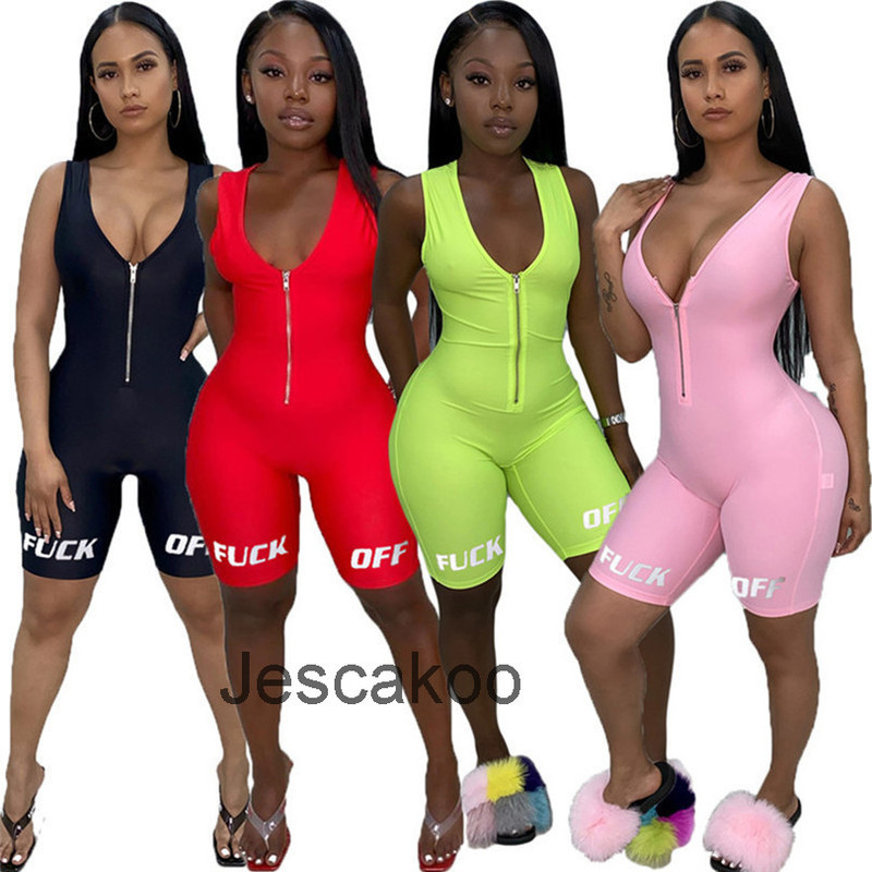 

Women Summer Clothing Jumpsuits Letter Print V-neck Zipper Rompers Bodycon Shorts Sleeveless Female Casual Bodysuit Yoga Pants Outfits, Mix colors