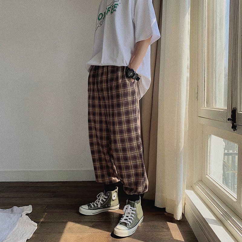 

2021 New Japanese Style Men's Summer Cotton Casual Lattice Printing Trousers Harem Pants Leisure Loose Joggers Sweatpants 3yoq, Black