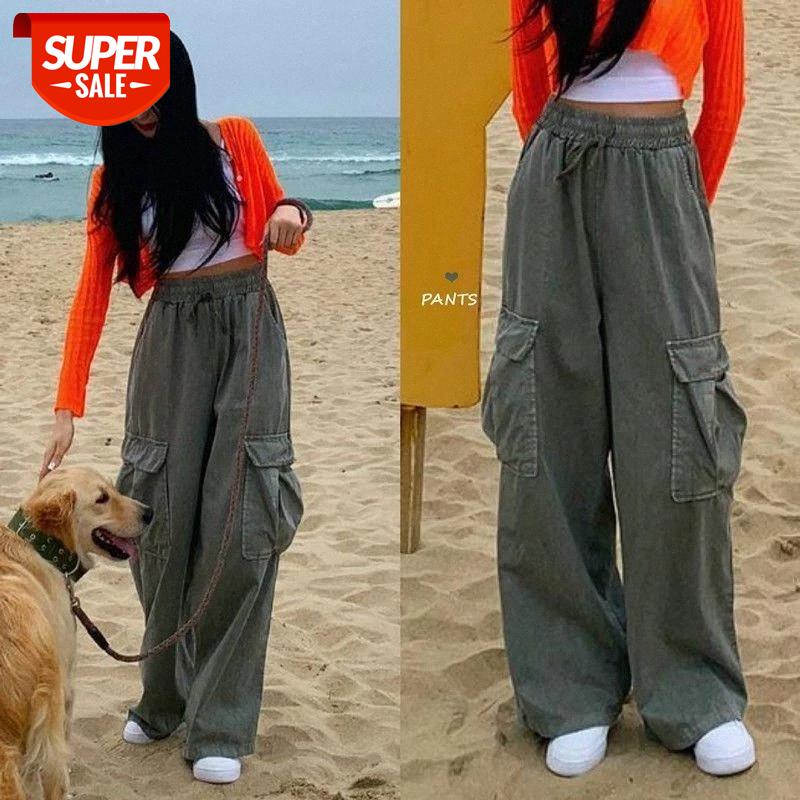 

Autumn Korean Solid Color girl retro overalls female casual loose wide leg pants hip-hop Cargo pants Pocket Lace up trousers #oM6B, Black;white