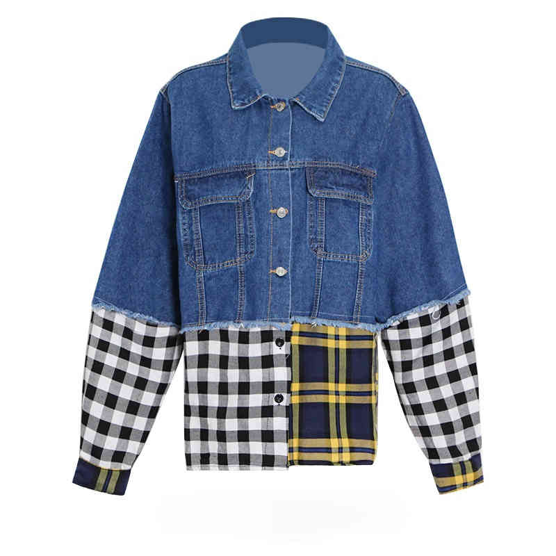 

Ins Fashion Hit Color Denim Coats Summer Plaid Patchwork Design Jackets Women Bf Style Loose Casual Female Clothes 210525, Photo color