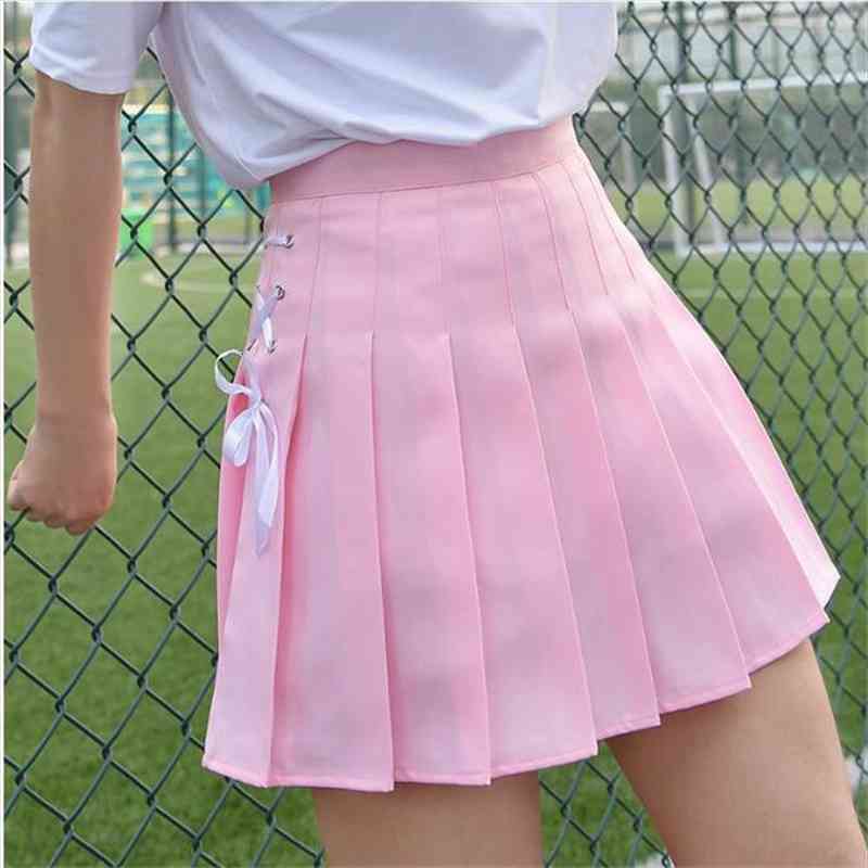 

women pleated skirt summer solid a line high waist mini harajuku gothic punk hip hop bow lace-up preppy girls sexy, Black