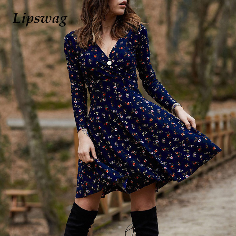 

2021 spring autumn long sleeve party dress v neck floral print mini dress women elegant loose a-line vintage dress vestidoshigh quality, Black;gray