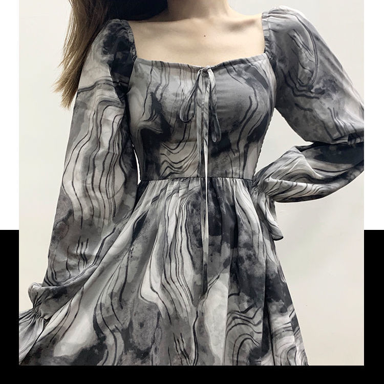 

Women Autumn Long Sleeve Tie Dye Dress Vintage Print Female Square Collar Mini Dress Casual Street Lady Ruffles Loose Vestidos, Black;gray