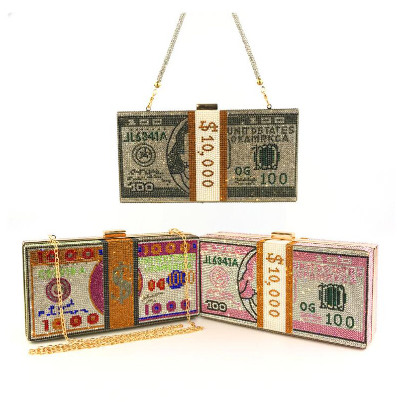 

10000 Dollars chain bag Money Clutch Rhinestone Purse Stack of Cash Evening Handbags Shoulder Wedding Dinner Bags 8 Color