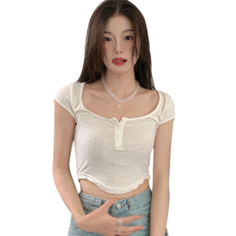 

Women's T-Shirt Summer Arrival Square Collar Tee Shirt Irregular Casual Slim Exposed Navel Short Sleeve T Top, As pic