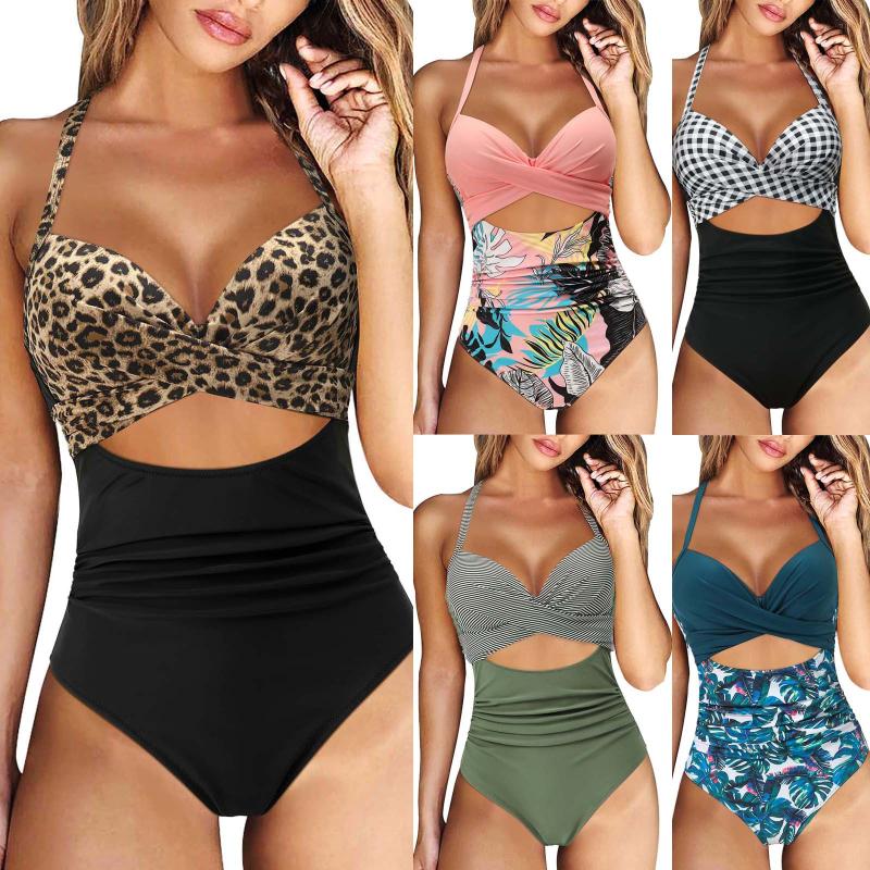

Women's Swimwear High Waist Bikinis One-Piece Swimsuit Women 2022 Summer Push Up Print Bathing Suit Female Strap Bikini Set Beachwear, White;black