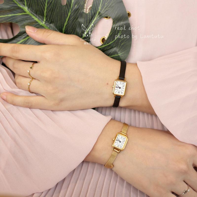 

Wristwatches Japanese Small Gold Watch Rectangular Dial Silk Metal Mesh Thin Belt Octagon Roman Samanth, Slivery;brown