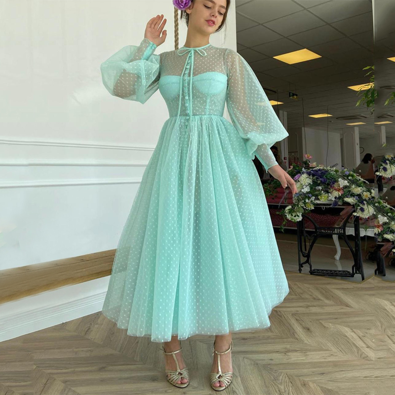 

High SHeer Neck Long Sleeve Mint Green Tea Length Buttons Prom Dress A-Line Tulle Evening Gowns, Red