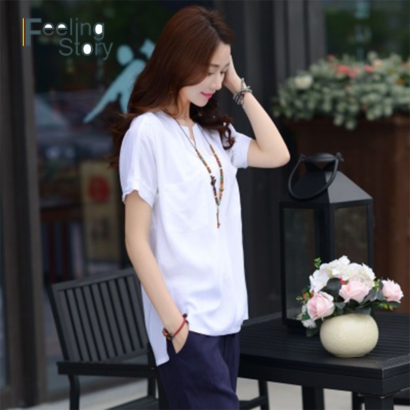 

Plus Size Vintage Summer Women Blouse Casual Basic Art Fan Cotton Linen Blouses Pockets Short Sleeves Loose Top Shirt Blusas 210603, Blue