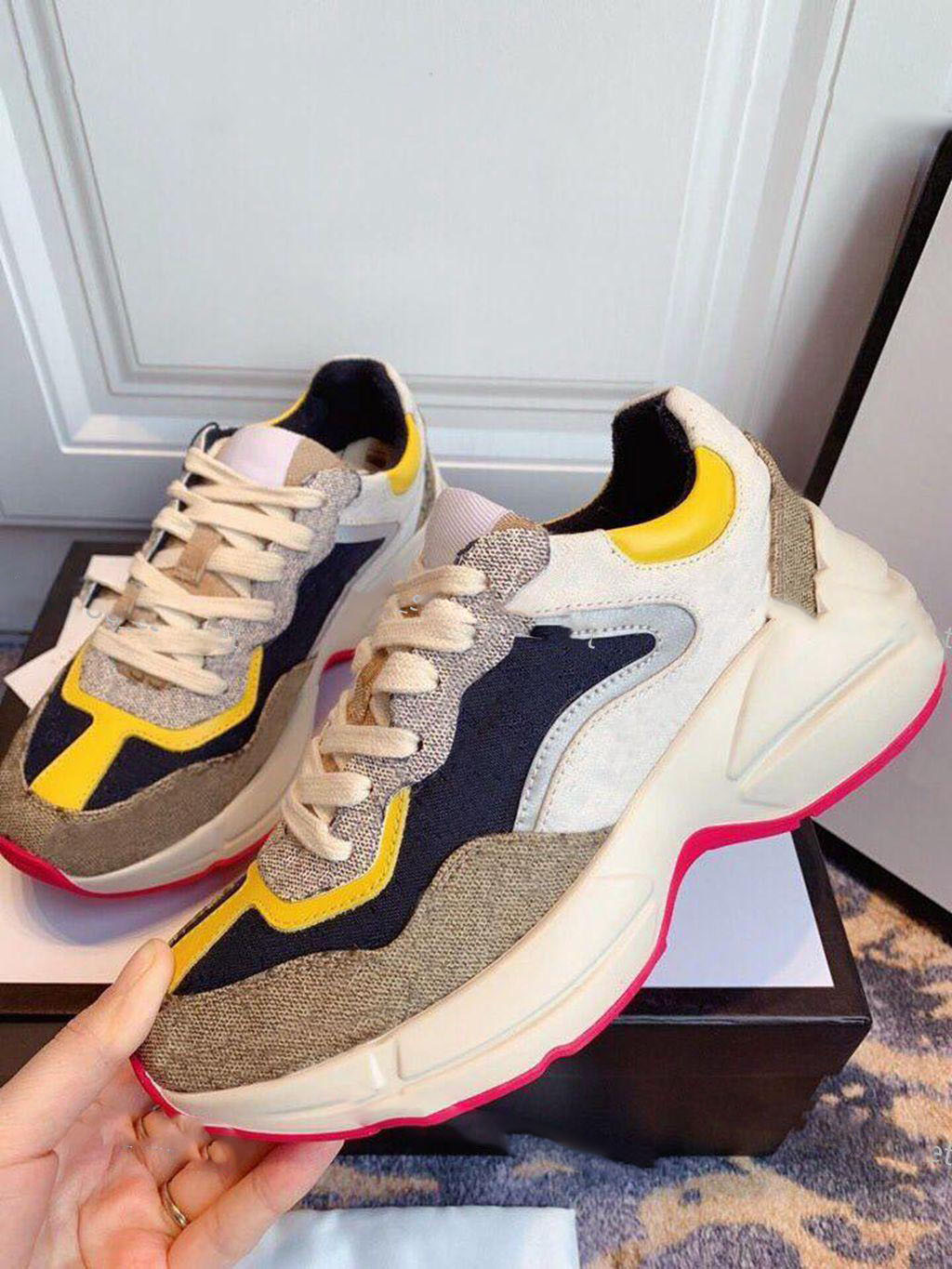 

2021 Mens Women's Rhyton Sneakers Top Calfskin Pink Beige Reflective Fabric Lace-up Trainers Platform Shoes with Box EU35-45, Black