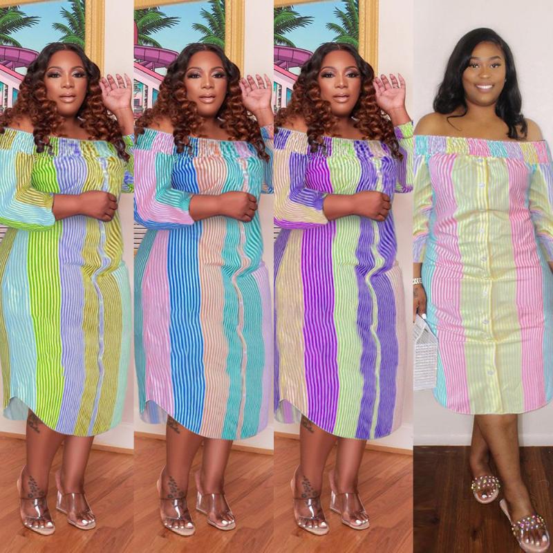 

Plus Size Dresses Women 5xl Dress Colorful Full Sleeve Off Shoulder Slash Neck Button Straight Loose Fashion Outfits Autumn, Black