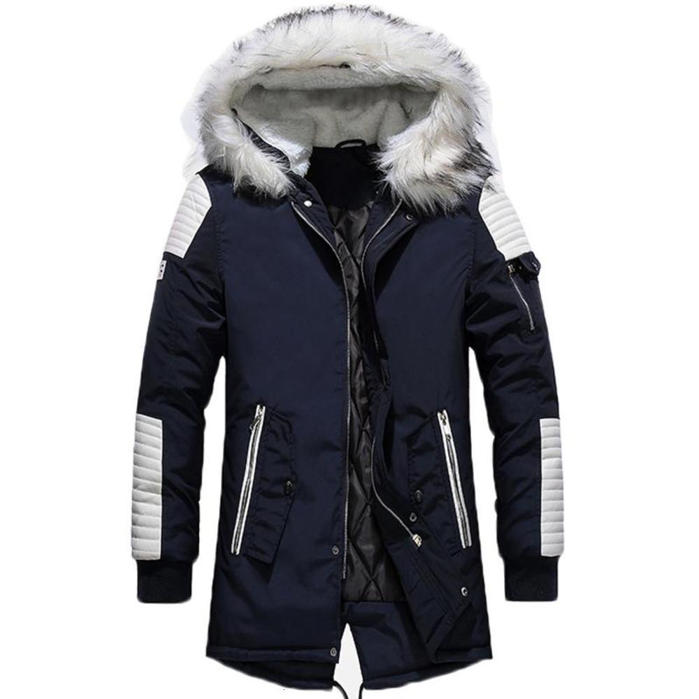 

New Fashion White Fur Collar Long Coat Men Winter Casual Patchwork Color Thicken Warm Parka Outwear Windbreaker Overcoat Clothes down jacket, Black