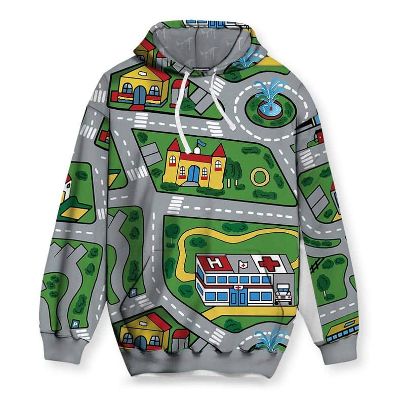 

Cartoon town pattern men s 3D printed hoodie visual impact party top punk goth round neck high quality American sweatshirt, Black