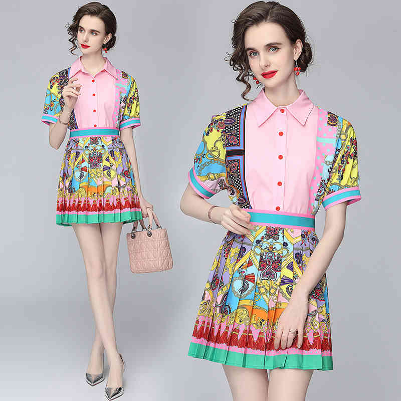 

spring and summer women's style short-sleeved printed shirt + high-waist pleated skirt fashion suit 210525, Mixed