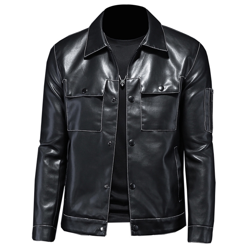 

Fall Men's Lapel Multi-Pocket Leather Trendy Motorcycle Leather Jacket Coat British Simple Zipper Slim Casual Male Clothing 211111, Black