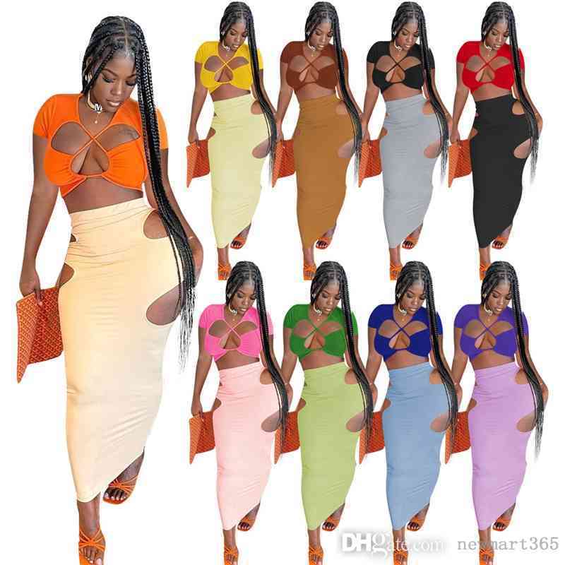 

Sexy Women Maxi Dresses Designer Two Piece Set Skirt Suit Drawstring Stitching Hollow Long Summer Dress, Navy blue