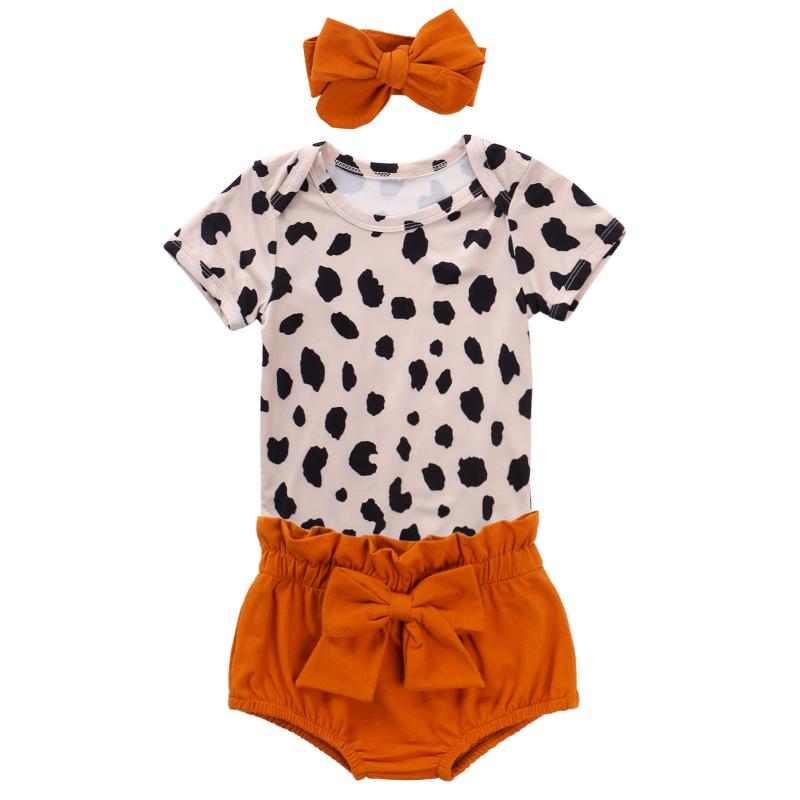 

Clothing Sets Cute Born Girl Leopard Print Clothes 3Pcs Outfit Short Sleeve Top Bodysuits Bow Tie Shorts And Hairband 2021 Fashion, White