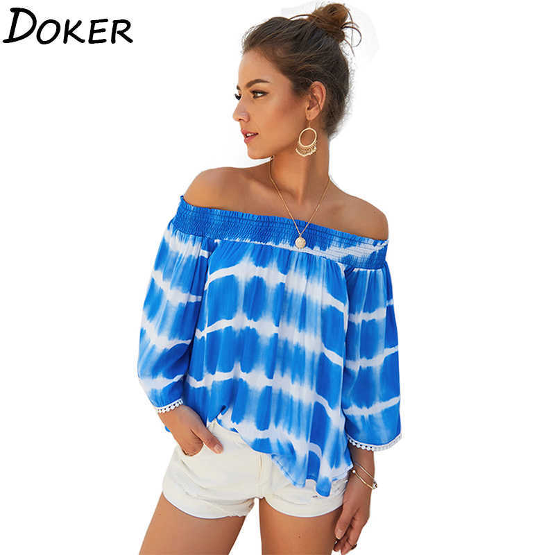 

Summer Slash Neck Tie-dye Nine Point Sleeve T Shirt Women Casual Loose Sexy Tops Female Plus Size 210604, Gray