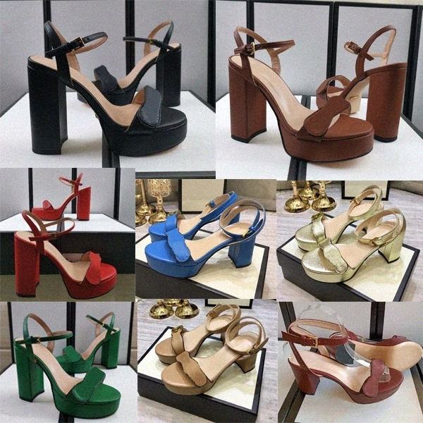 

10cm Classic Mid High heeled sandals rough Coarse heel leather woman shoes Metal buckle parties High heels Belt buckle Sexy Lady sanda DQTN#, 18 10cm heel