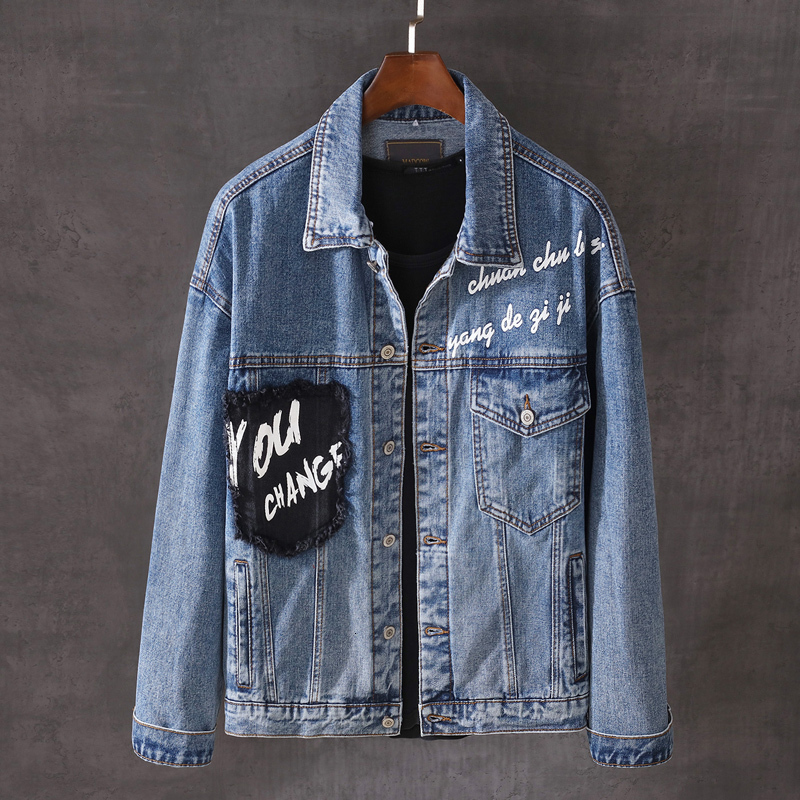 

2021 New Moda Streetwear Homens Jaquetas Retro Azul Impresso Designer Denim Jaqueta Masculina Hip Hop Casacos Remendos Zper Motociclista Cha, Blue