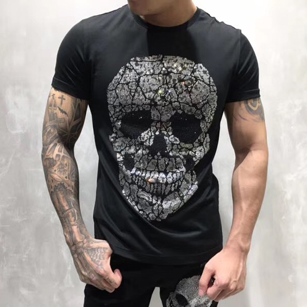 

2021 Slim Fit Crystal Big Skull Printed T-shirt Crew Neck Tshirt Tee Top Men's Designer t Shirt New Brand Clothing V1ga, Gold