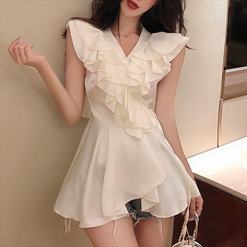 

Women's Blouses & Shirts Korean Sleeveless Ruffles Chiffon Shirt Female 2022 Fashion Elegant V Neck White Blouse Women Lace-Up Loose Pink To