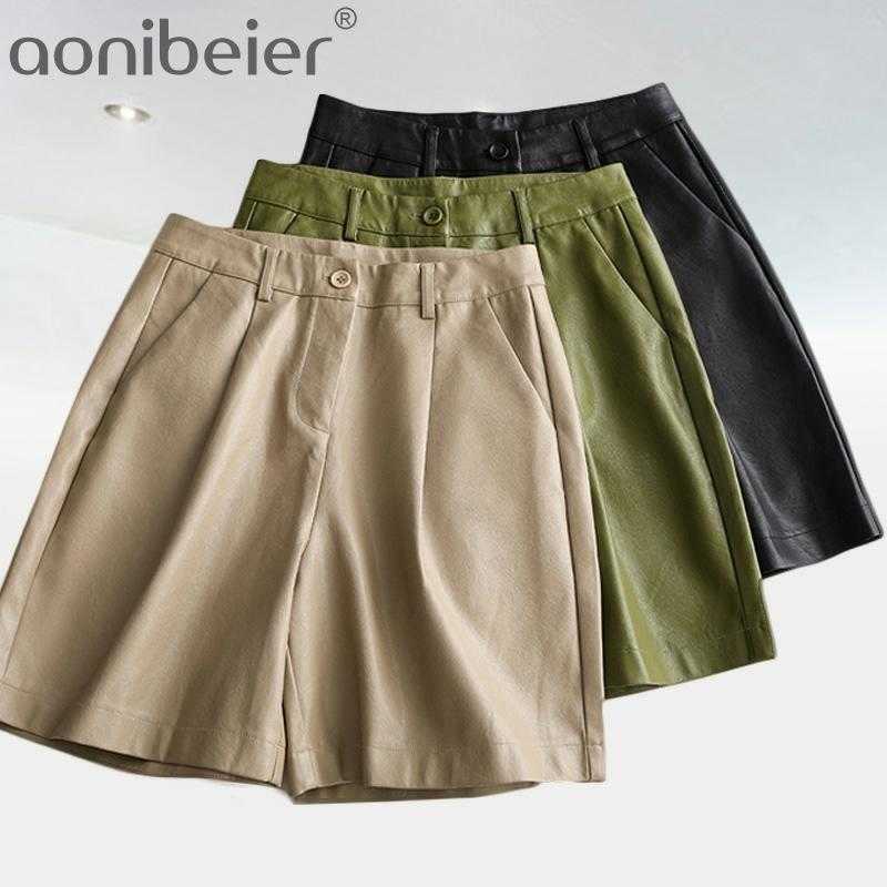 

Back Buttons Fashion PU Leather Women's Autumn Winter Loose Five Points Trouser Plus Size Casual Shorts 210604, Green