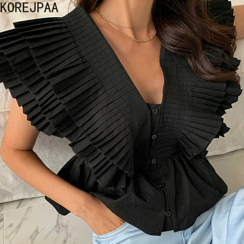 

Korejpaa Women Shirt Summer Korean Chic Retro Design V-Neck Small-Breasted Organ Pleated Stitching Flying Sleeve Blouses 210526, White
