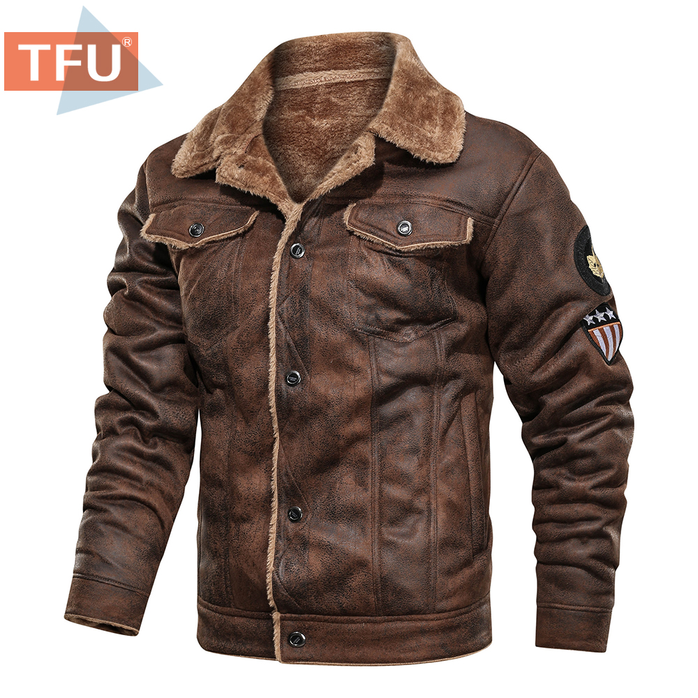 

Men 2021 Autumn Thi Warm Fleece Leather Jaet Coat Men Winter Outwear Casual Military Bomber Motor Biker Leather Jaets Men, Brown