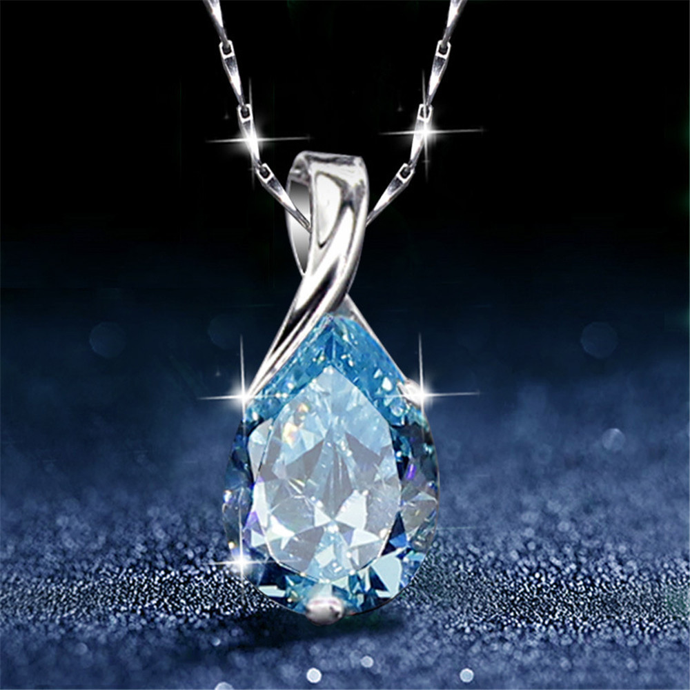

Aquamarine gemstones diamond pendant necklaces for women drop blue crystal white gold silver color choker jewelry gifts bijoux