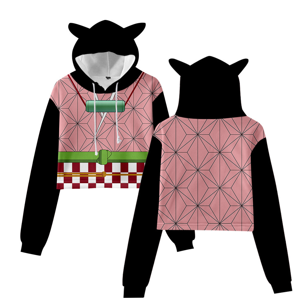 

2021 New Demon Slayer Sexy Print Anime Man/women Funny Cat Crop Top Kawaii Hoodies Sweatshirt Kiu No Yaiba Clothes Plus Size Onlg, Black