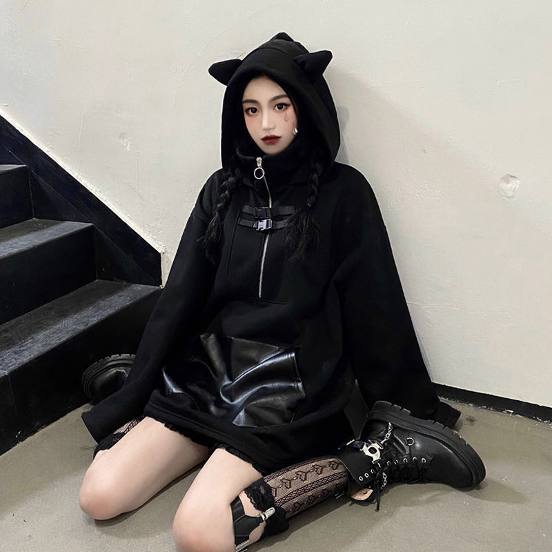 

2021 New Deeptown Gothic Moda Feminina Inverno Moletom Feminino Manga Comprida Solto Streetwear Preto Casual Plus Size Hoodies K5ci, Black