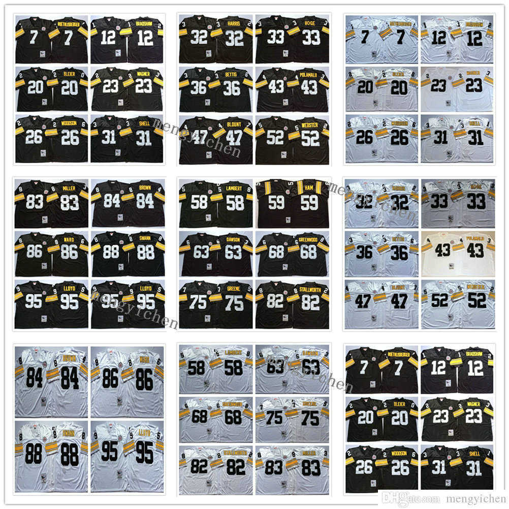 

NCAA 33 Hoge 36 Jerome Bettis 43 Troy Polamalu 47 Mel Blount 52 Mike Webster 58 Jack Lambert 59 Ham 63 Dermontti Dawson Jersey Vintage, Black;red