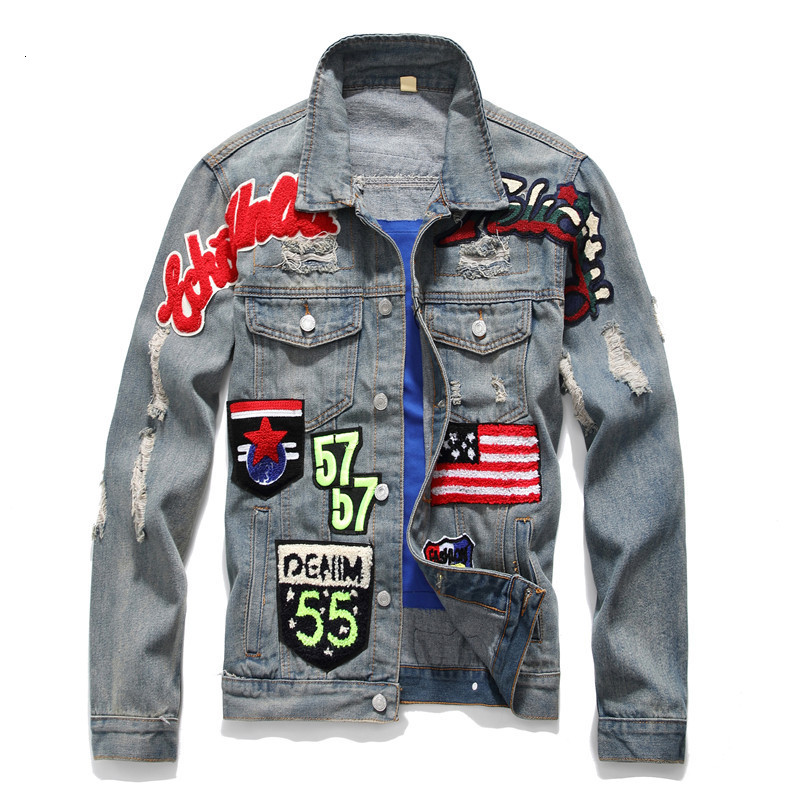 

2021 New Men's Male American Flag Bae Patch Design Slim Denim Jacket Vintage Letters Patchwork Ripped Distressed Coat Outerwear U641, Sky blue