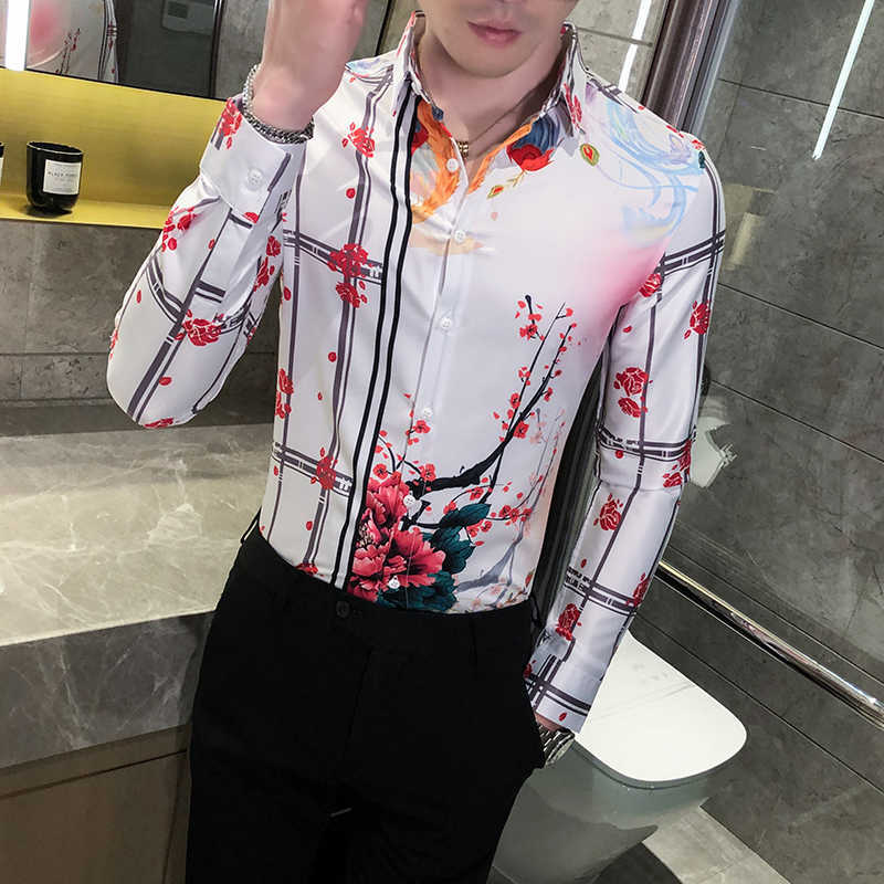 

Fashion Floral Shirts for Men Autumn Long Sleeve Casual Shirt Slim Fit Streetwear Social Nightclub Blouse Camisa Masculina 210527, White