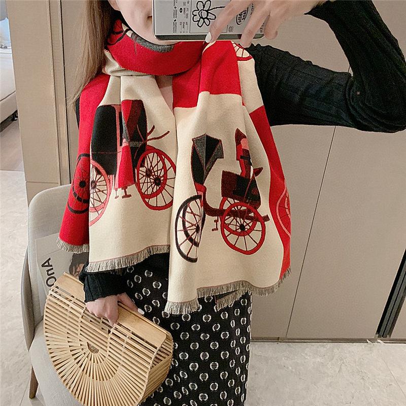 

Scarves Women Scarf Winter Design Printed 2021 Luxury Cashmere Warm Pashmina Shawl Lady Wraps Thick Blanket, Blue;gray