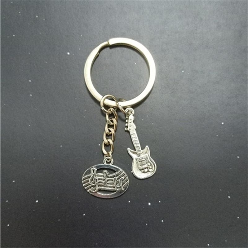 

Keychains Antique Silver Color Guitar Keychain Keyring Music Notes Key Ring Creative Pendant
