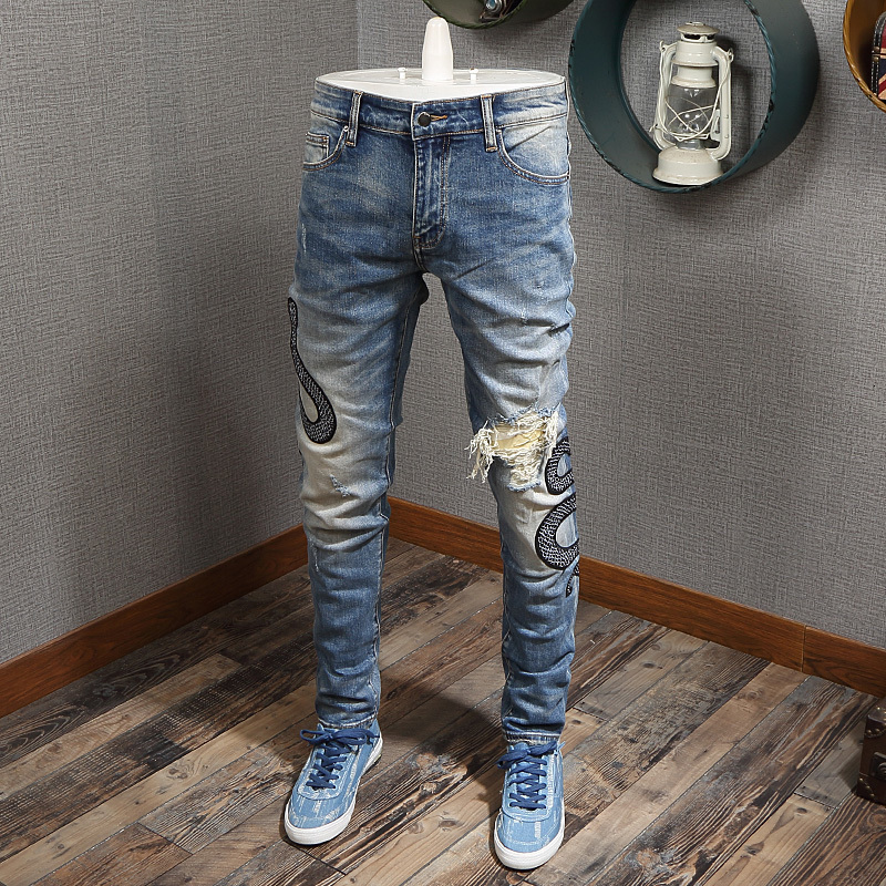 

2021 New Fashion Streetwear High Quality Snake Embroidery Designer Slim Fit Ripped Men Pencil Pants Hip Hop Jeans Homme 64ND, Retro blue