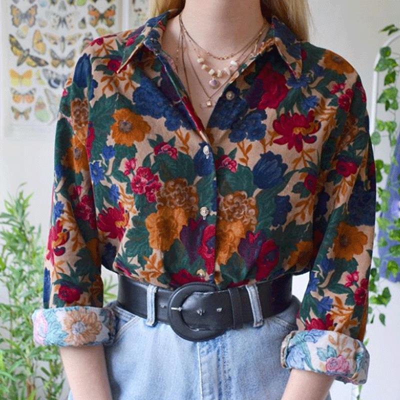 

2021 New Vintage Floral Printing Button Up Flower Shirt Women Girls Fashion Basic Long Sleeve Blouse Tops Plus Size Loose Casual Elegant 7xn, Mixed
