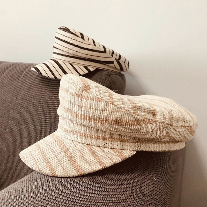 

2021 New Striped Cotton Linen Women Spring Summer Flat-topped Military Peaked Fashion Visor Sun Cap 7vn9, Black