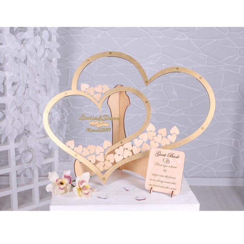 

Custom Modern Double Heart shape Wedding guest book Decoration Golden Heart Drop box Wedding drop box 3D Guestbook wooden