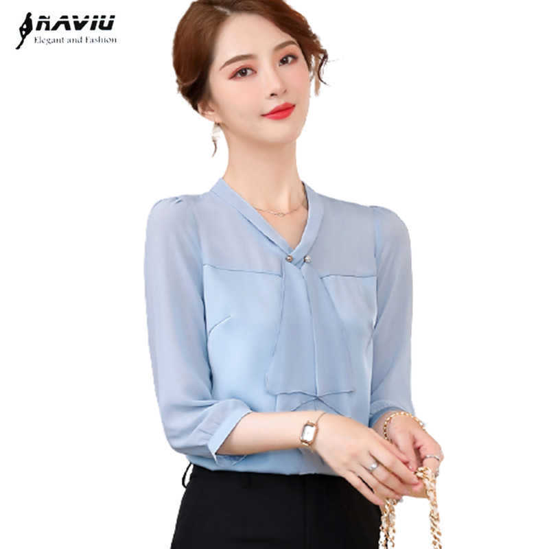

Light Blue V Neck Shirt Women Half Sleeve Summer Professional Temperament Bottoming Chiffon Blouses Office Ladies Work Tops 210604, Pink