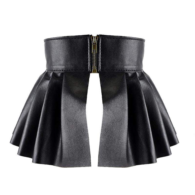 

Belts Women Femme Wetlook PU Leather Skirt Belt Harajuku Wide Waistband Skirts Sexy Pole Dance Pleated Peplum Cinch Rave Costume, Black