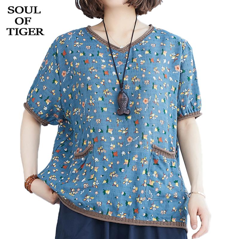 

Women's Blouses & Shirts SOUL OF TIGER 2021 Fashion Chinese Style Ladies Summer Short Sleeve Womens Floral Printed Femlae Cotton Tops, Blue