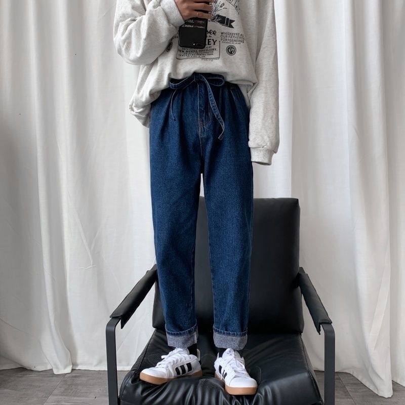 

2021 New Send Belt Men's Stretch Slim Fit Casual Cargo Pocket Jeans Haren Pants Male Biker Denim Blue Color Trousers S-xl L67z, Navy blue